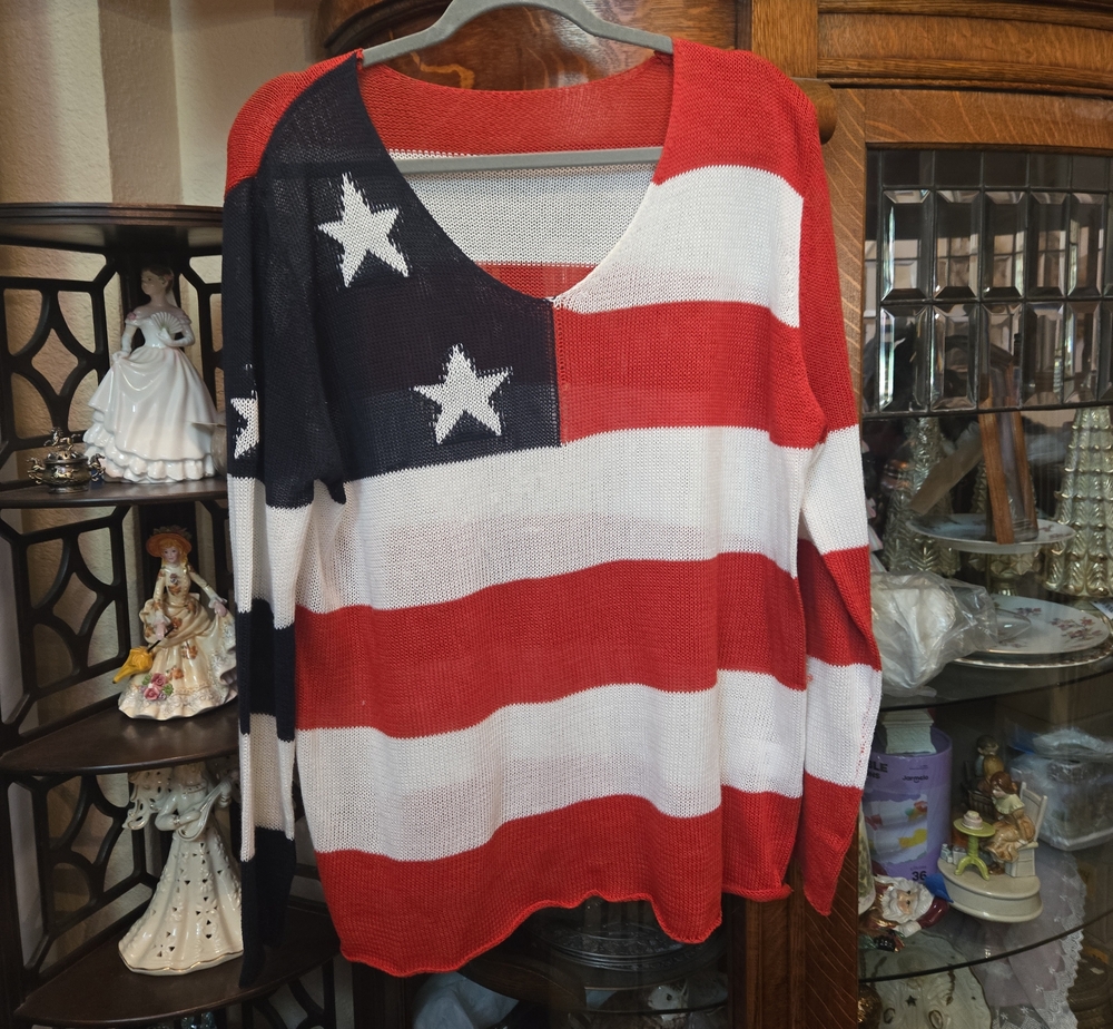 V-Neck Flag Stripe Knit Sweater - Red, White & Blue